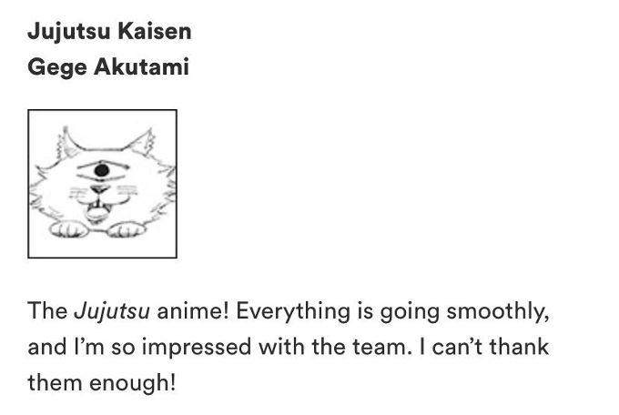 Jujutsu Kaisen: Autor del manga felicita a MAPPA por el anime