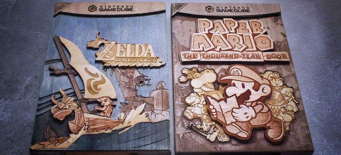 Cajas y cartuchos de juegos de Nintendo en madera, singular artesanía