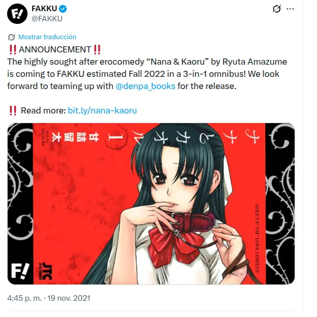 Nana to Kaoru será publicado por FAKKU