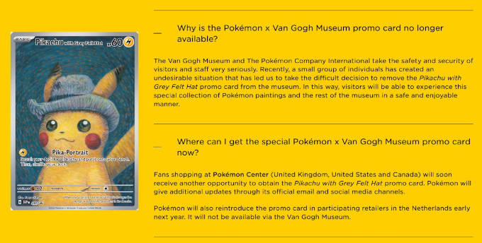 La carta de Pikachu de Van Gogh removida del museo por gente ‘indeseable’
