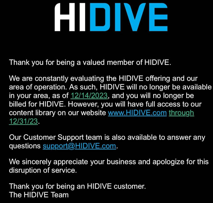 HIDIVE dejará de funcionar en México y otros países