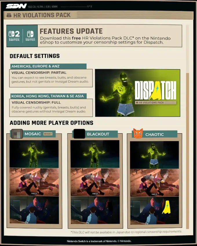 Dispatch para Nintendo Switch y Switch 2 ahora deja ajustar la censura
